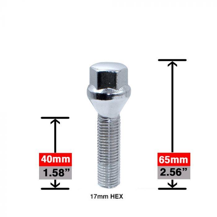 Lug Bolts - Conical Seat Chrome 40mm Shank 17mm Hex