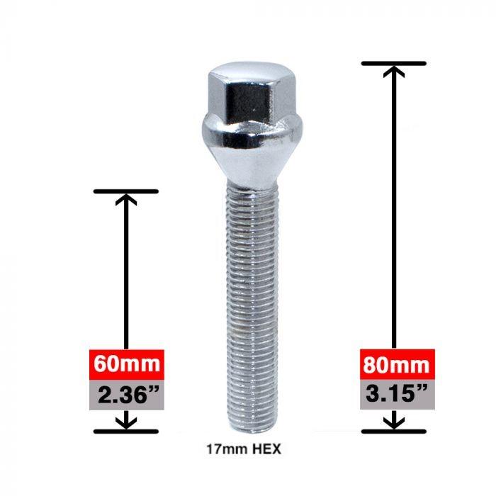 Lug Bolts - Conical Seat Chrome 60mm Shank 17mm Hex