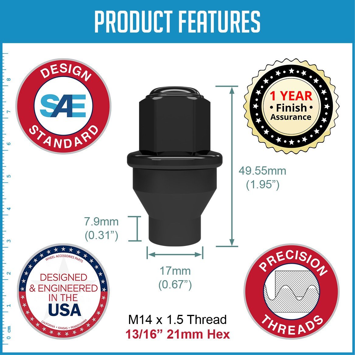 Lug Nut - 24 OE Style Replacement 14x1.5 Black Lugs Extended Thread for Ford F150
