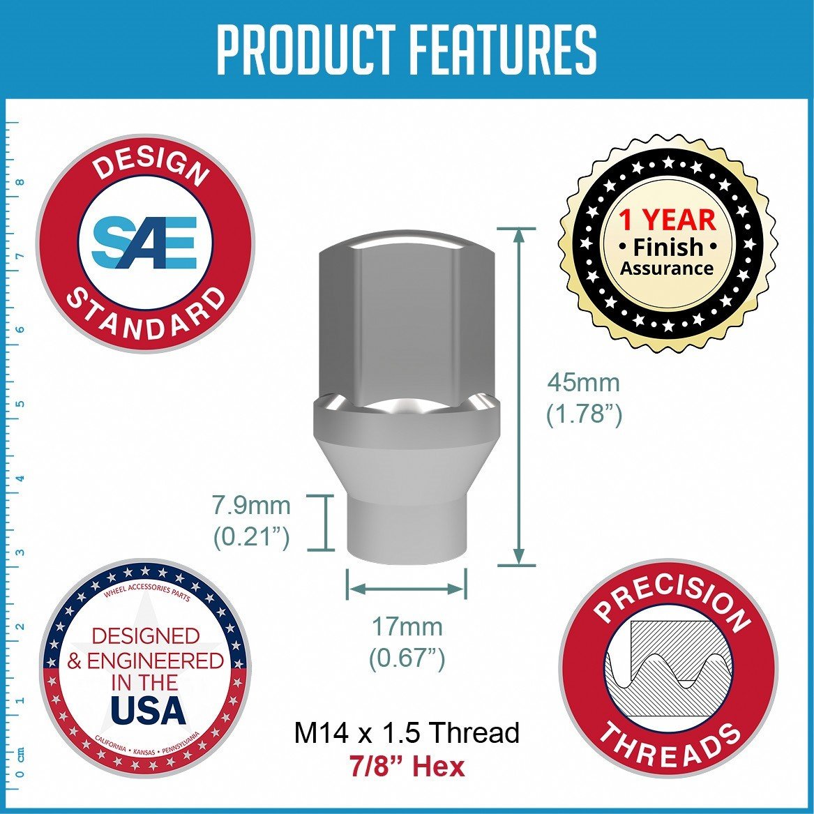Lug Nut - OE Style Replacement 14x1.5 Lugs Extended Thread for GM, Dodge & Ram OE Alloy Wheels