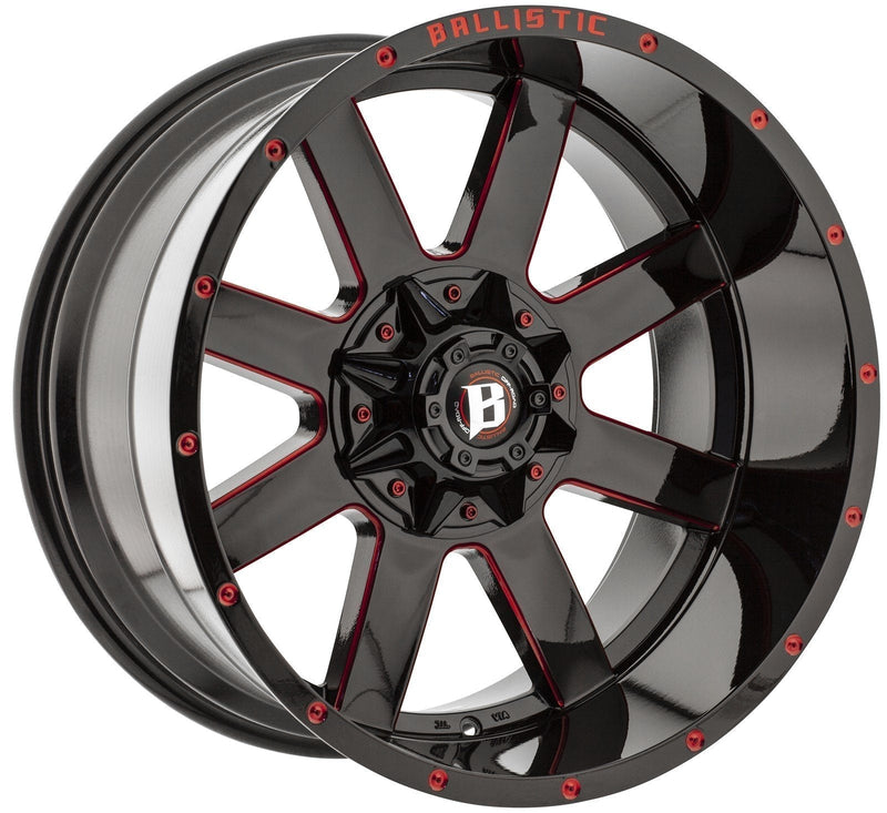 Ballistic Milled 959 Rage 20x10 8x170, 8x180 -19mm Gloss Black W/Red Milled Windows