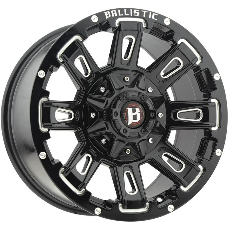 Ballistic Milled 959 Rage 20x12 8x165.1, 8x170 -44mm Gloss Black Milled Windows