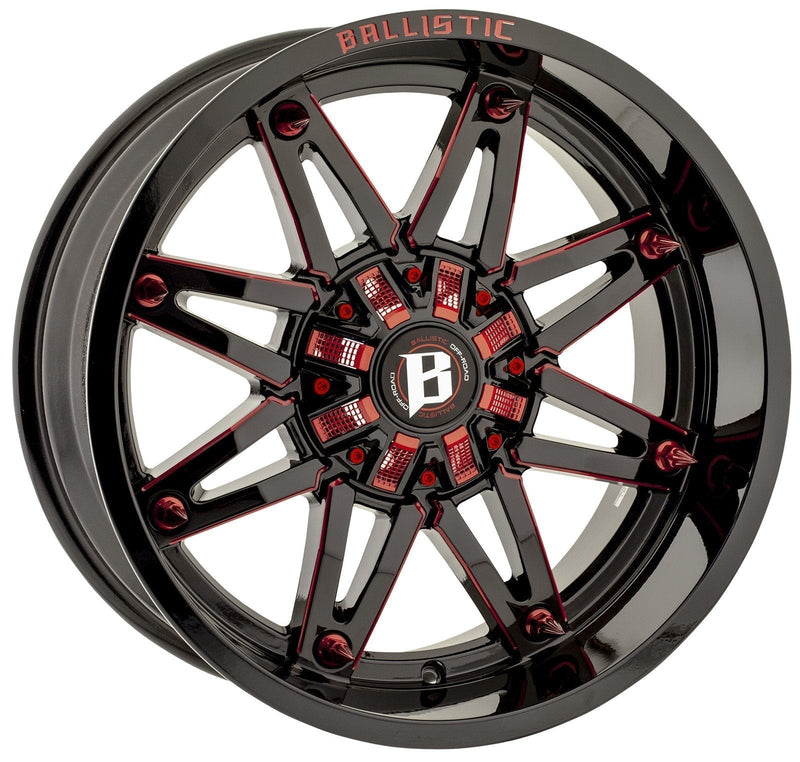 Ballistic Milled 963 Gladiator 20x10 6x135, 6x139.7 +00mm Gloss Black W/Red Milled Windows