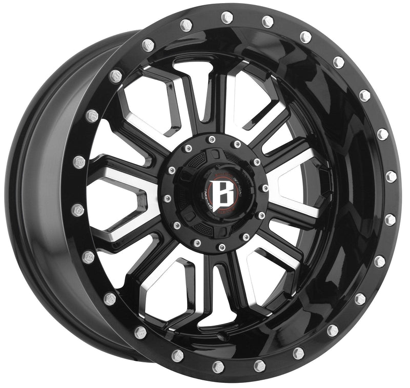Ballistic 967 Saber 20x10 5x139.7, 5x150 -24mm Gloss Black Machined Wheel w/ Silver Bolts