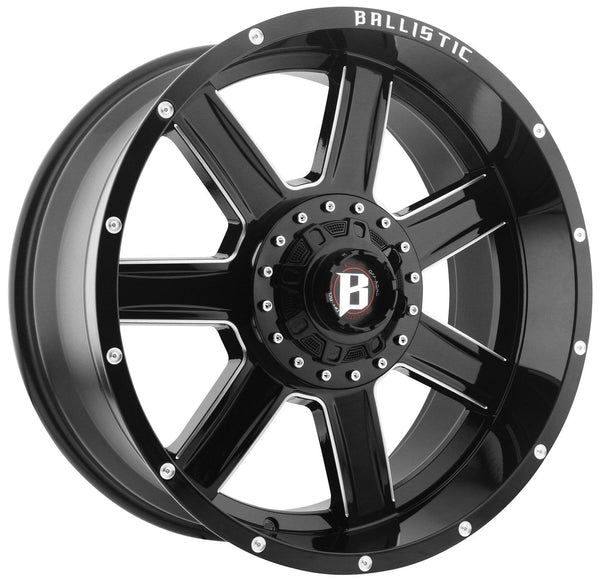 Ballistic Milled 979 Yukon 22x10 5x135, 5x139.7 -24mm Gloss Black Milled Windows