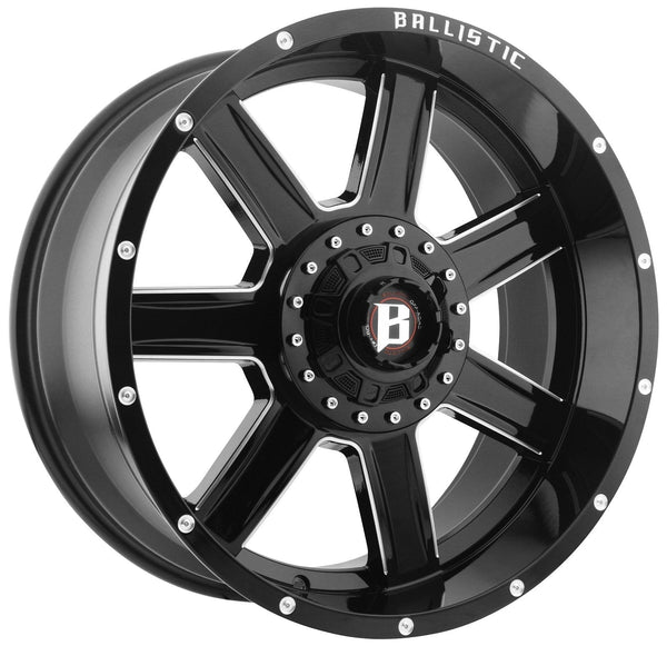 Ballistic Milled 979 Yukon 20x9 6x135, 6x139.7 -12mm Gloss Black Milled Windows