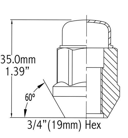 Lug Nut - Bulge Acorn 1/2-20 Left Hand Thread 3/4" Hex