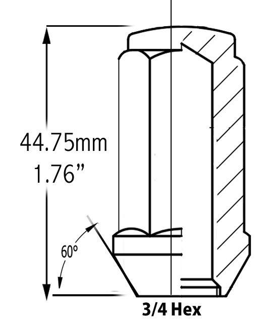 Lug Nut - Bulge Acorn Black 3/4" Hex Flat Top 1.75" Tall
