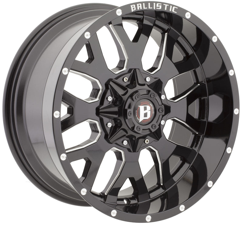 Ballistic Milled 853 Tank 17x9 5x135, 5x139.7 +12mm Gloss Black Milled Windows