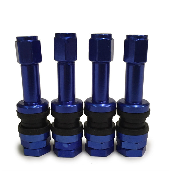 Valve Stems and Caps Blue Metal Bolt-In Style Set of Four