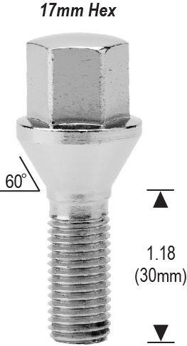 Lug Bolts - Conical Seat Chrome 30mm Shank 17mm Hex