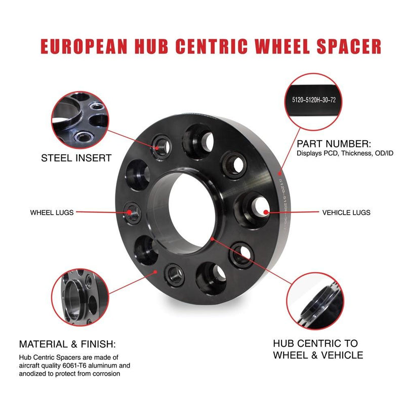 Wheel Spacer - 5x120 - 20mm - Hub Centric Bolt On - 72.6mm - 14x1.5 Black Lug Bolts