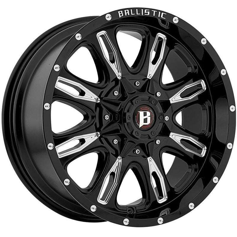 Ballistic Milled 953 Scythe 20x9 6x114.3, 6x139.7 +00mm Gloss Black Milled Windows
